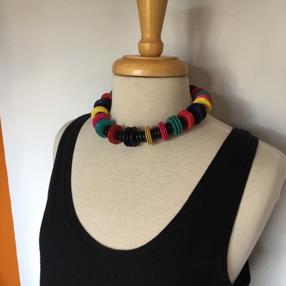 Colorful teal red magenta yellow black wooden bead necklace - Picture 10 of 10